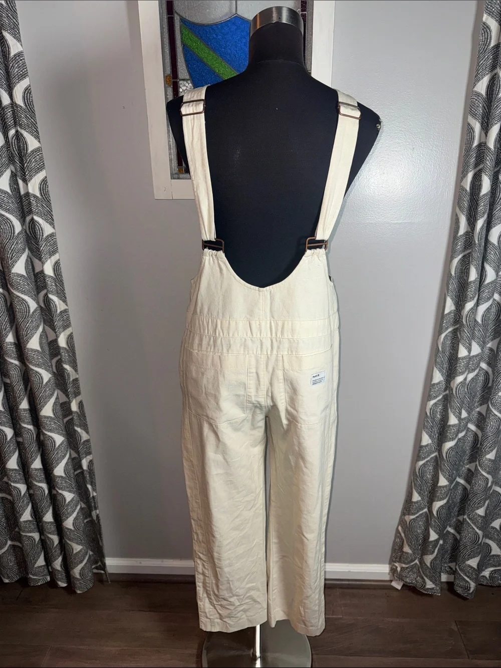 Hurley Off-White Canvas Utility Overall Jumpsuit Size Medium O-Ring Zip Front
